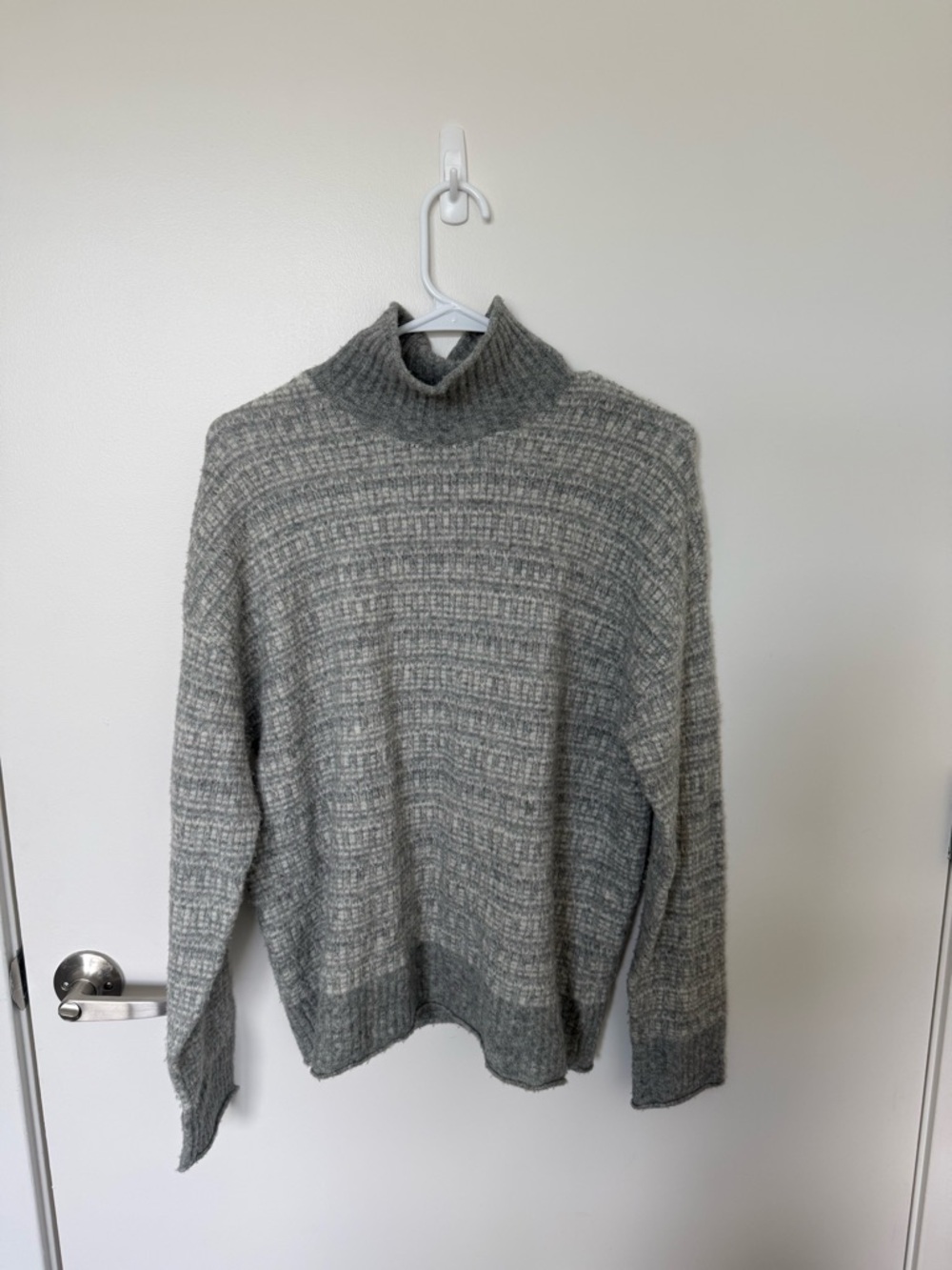 Theory Gray and White Striped Wool Turtleneck Sweater